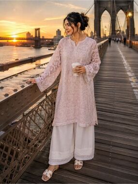 Women's Light Pink Lace-Trim Tunic Top